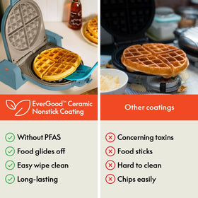 BELLA Flip-n-Store waffle iron cool-touch handle offers safe, comfortable flipping.