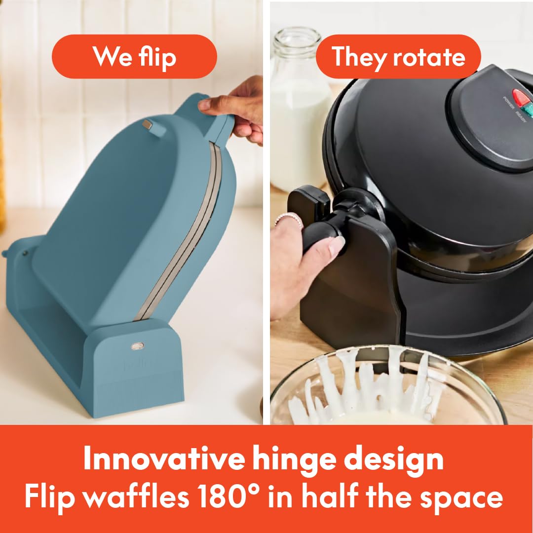 BELLA Flip-n-Store waffle iron in flip action demonstrates even heating and easy release.