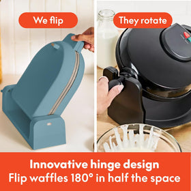 BELLA Flip-n-Store waffle iron in flip action demonstrates even heating and easy release.