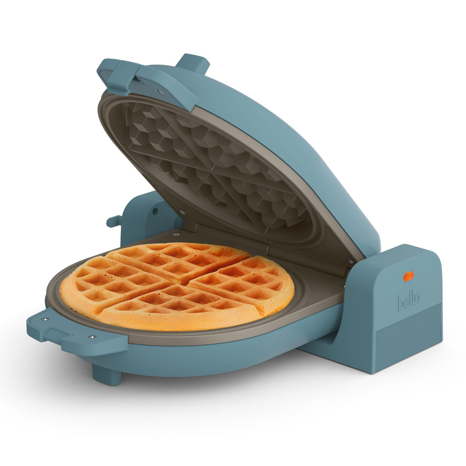 BELLA Flip-n-Store waffle iron front view highlights compact design and space-saving storage.
