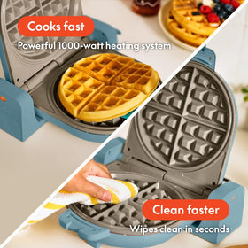 BELLA Flip-n-Store waffle iron standing upright shows convenient, vertical storage.