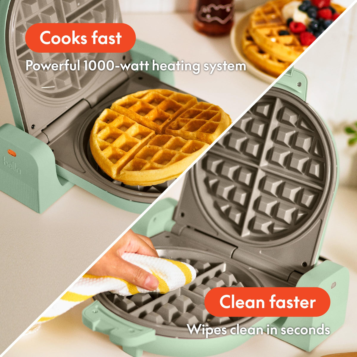Bella Flip and Store waffle maker flips 180 degrees for even cooking