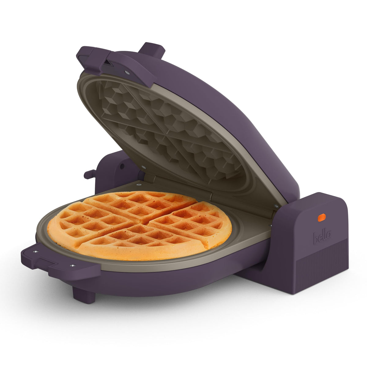 BELLA Flip-n-Store Waffle Maker shows 180° flip for even browning.