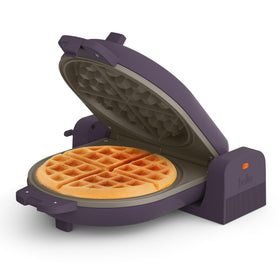 BELLA Flip-n-Store Waffle Maker shows 180° flip for even browning.