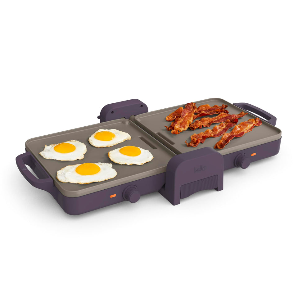 BELLA Fold-n-Store dual temp griddle closed for compact storage and quick setup.