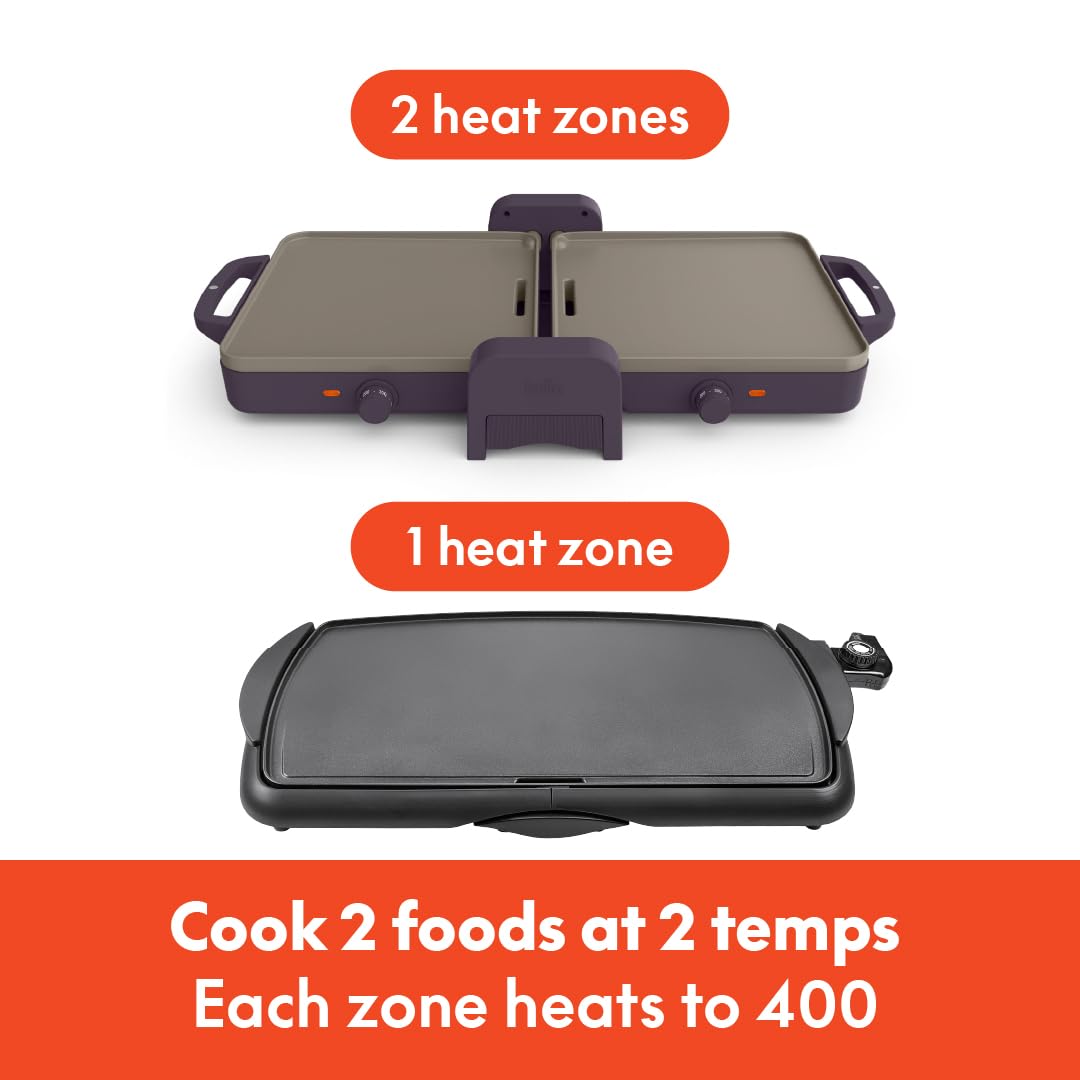 BELLA Fold-n-Store griddle open with dual zones for versatile breakfast and dinner.