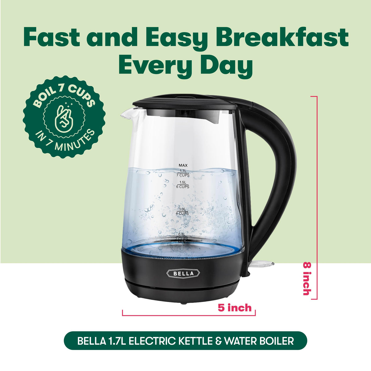 BELLA glass kettle with blue LED lighting during heating
