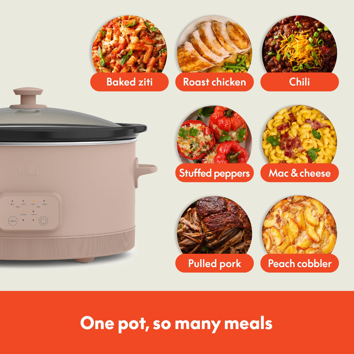 BELLA adjustable low, medium, and high settings for versatile cooking.