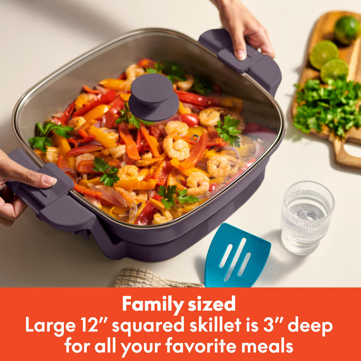 Bella Make & Take 12-inch surface ideal for family meals and large pans.