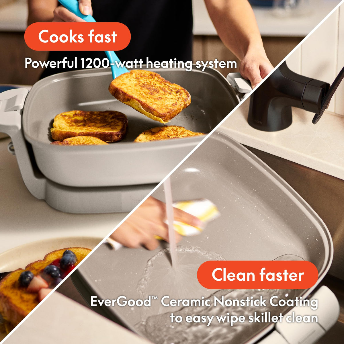 BELLA Make & Take electric skillet cast aluminum base for even heating and durability.