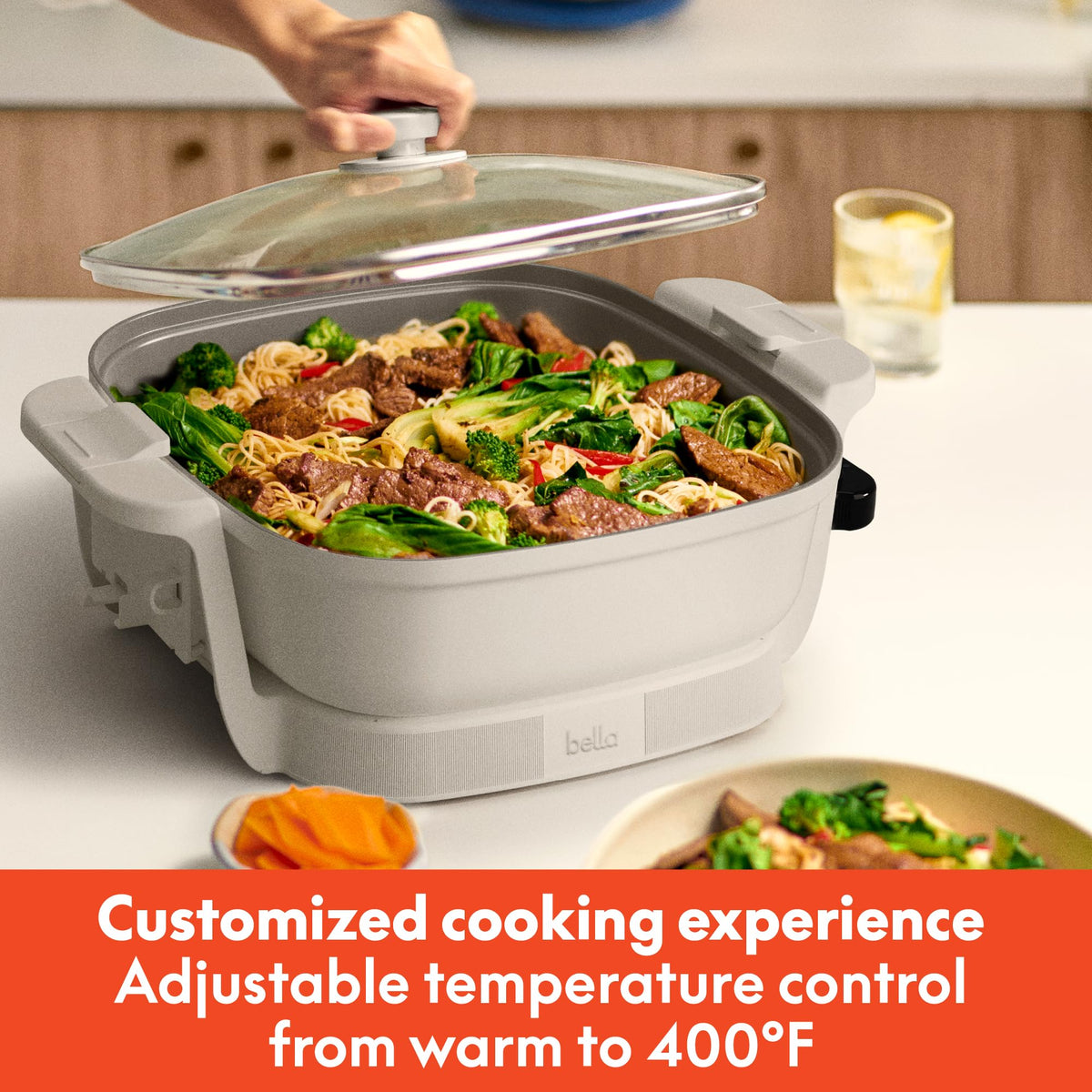 BELLA Make & Take electric skillet EverGood ceramic nonstick coating for easy release.