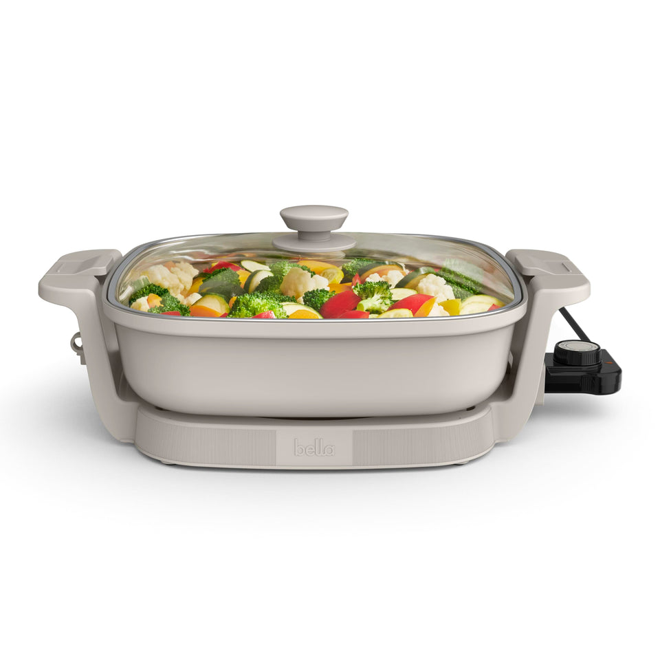 BELLA Make & Take electric skillet side view highlighting space-saving Fits-anywhere design.