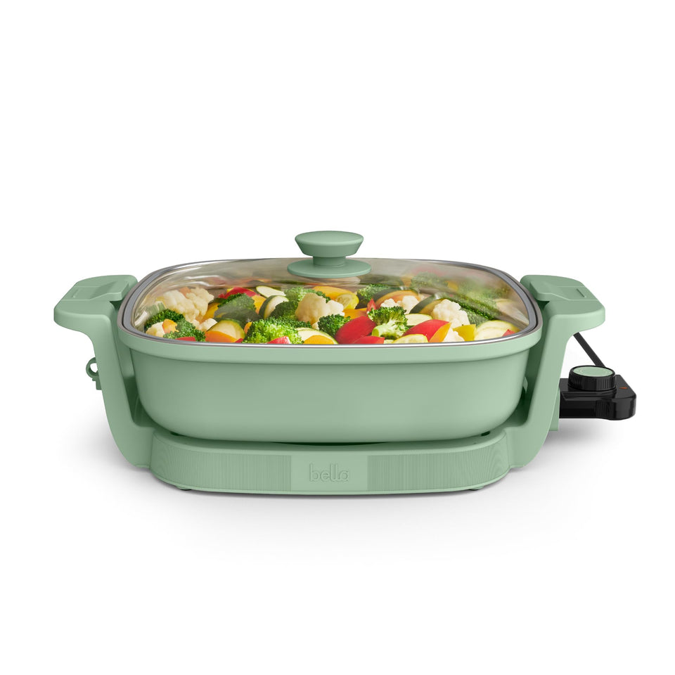 Bella Make & Take electric skillet, top view, 12-inch surface ideal for family-sized meals
