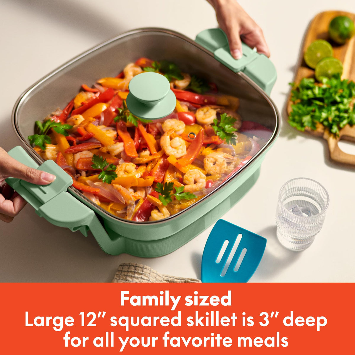 Bella Make & Take lid inverted for space-saving storage and cabinet efficiency