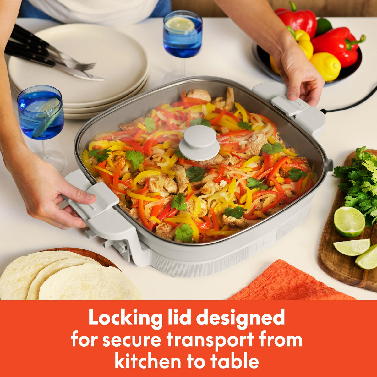 BELLA Make and Take XL lid clamps secure food during transport.