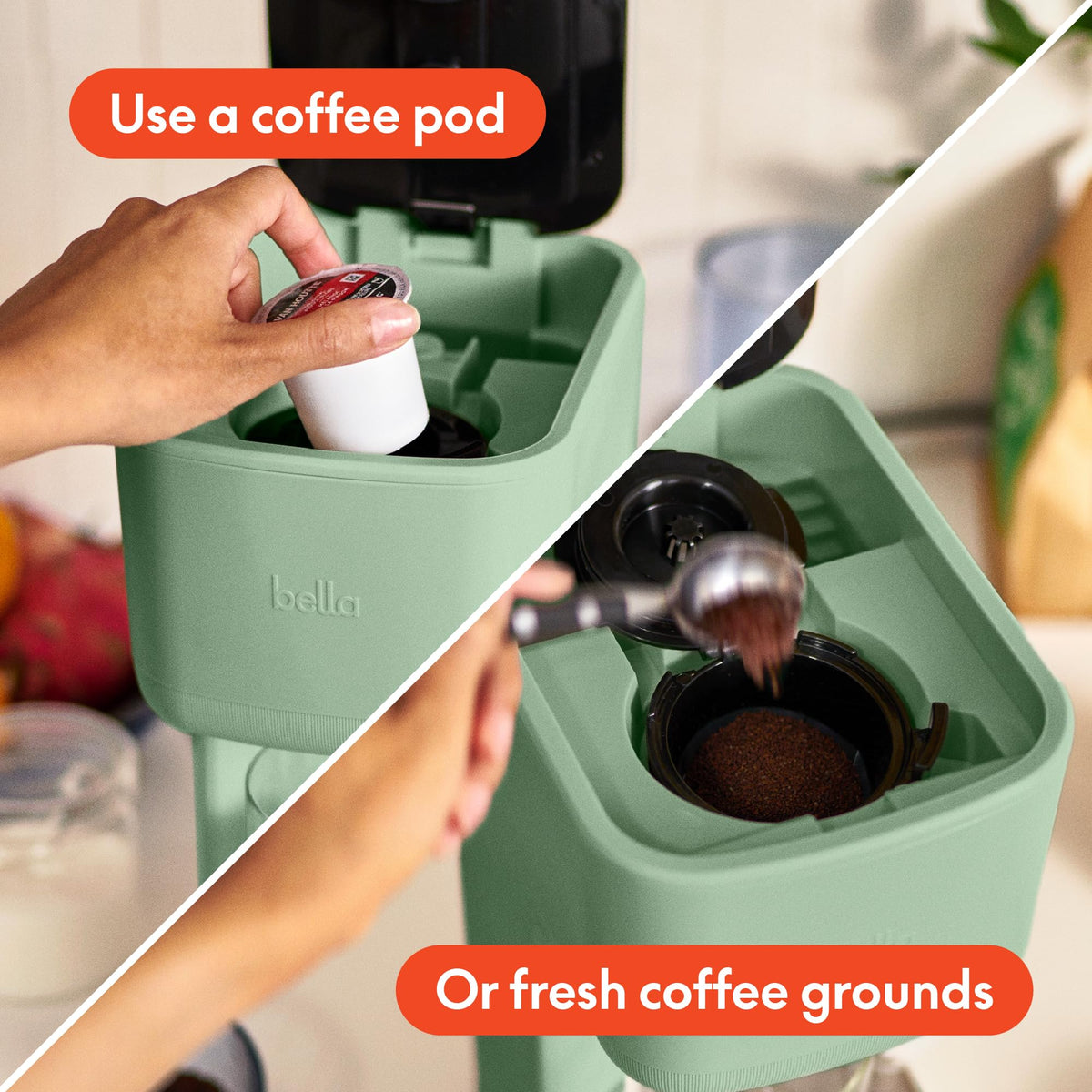 Bella pod and ground coffee compatibility enables flexible, quick brews