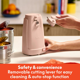 BELLA electric can opener features removable cutting lever for easy cleaning and maintenance.