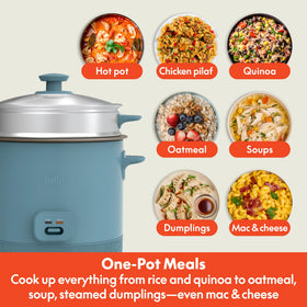Bella rice paddle shown beside the pot for precise portions
