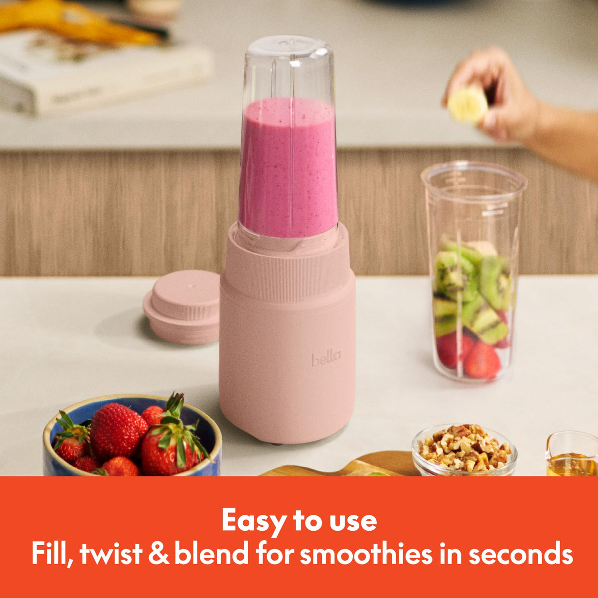 Bella Rocket Blender blade shows stainless steel 4-tip blade for consistent texture.