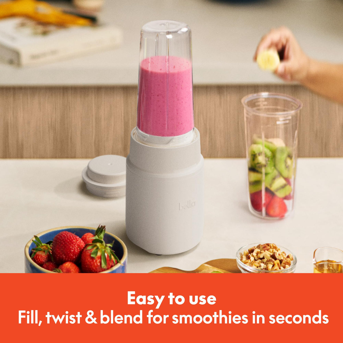 BELLA Rocket Blender Boost cups-portable-13-5oz demonstrate travel-friendly capacity.