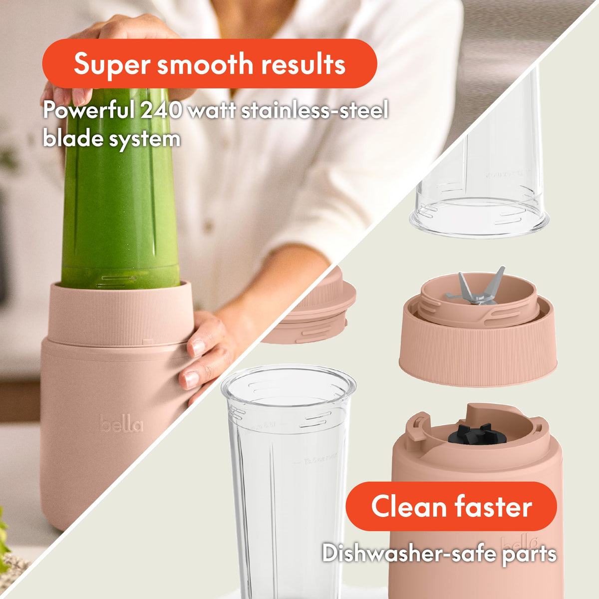 Bella Rocket Blender cups demonstrate BPA-free 13.5oz cups for on-the-go meals.