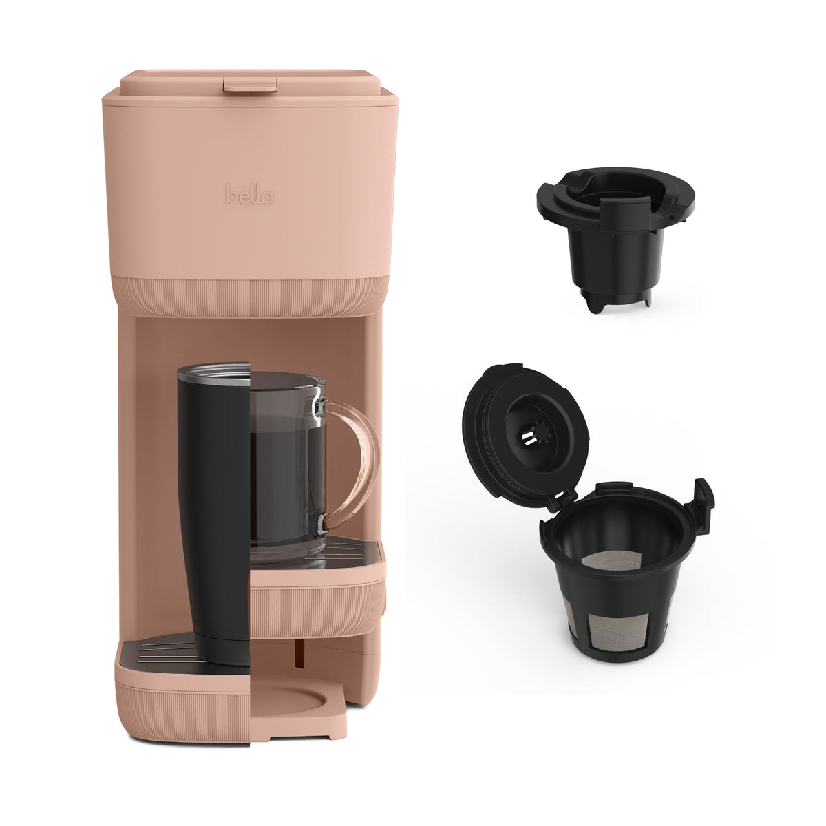 BELLA single-serve coffee maker front view with adjustable drip tray, perfect for tall travel mugs.