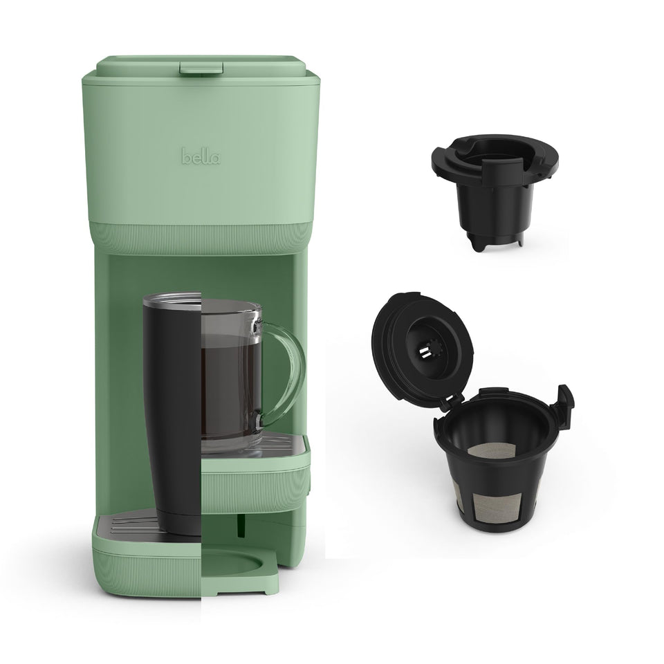 Bella single-serve coffee maker in Seaglass, compact front view for small kitchens