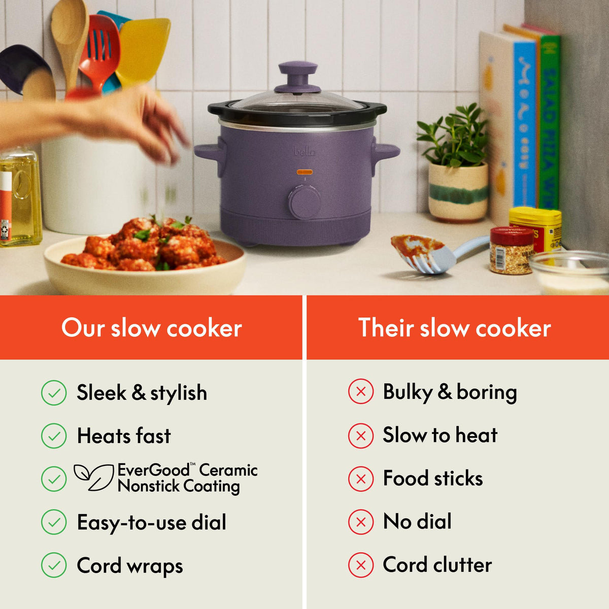 Bella 1.5qt slow cooker dishwasher-safe stoneware pot after meals cleanup