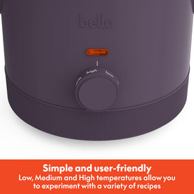 Bella 1.5qt slow cooker with tempered glass lid watching simmering dishes