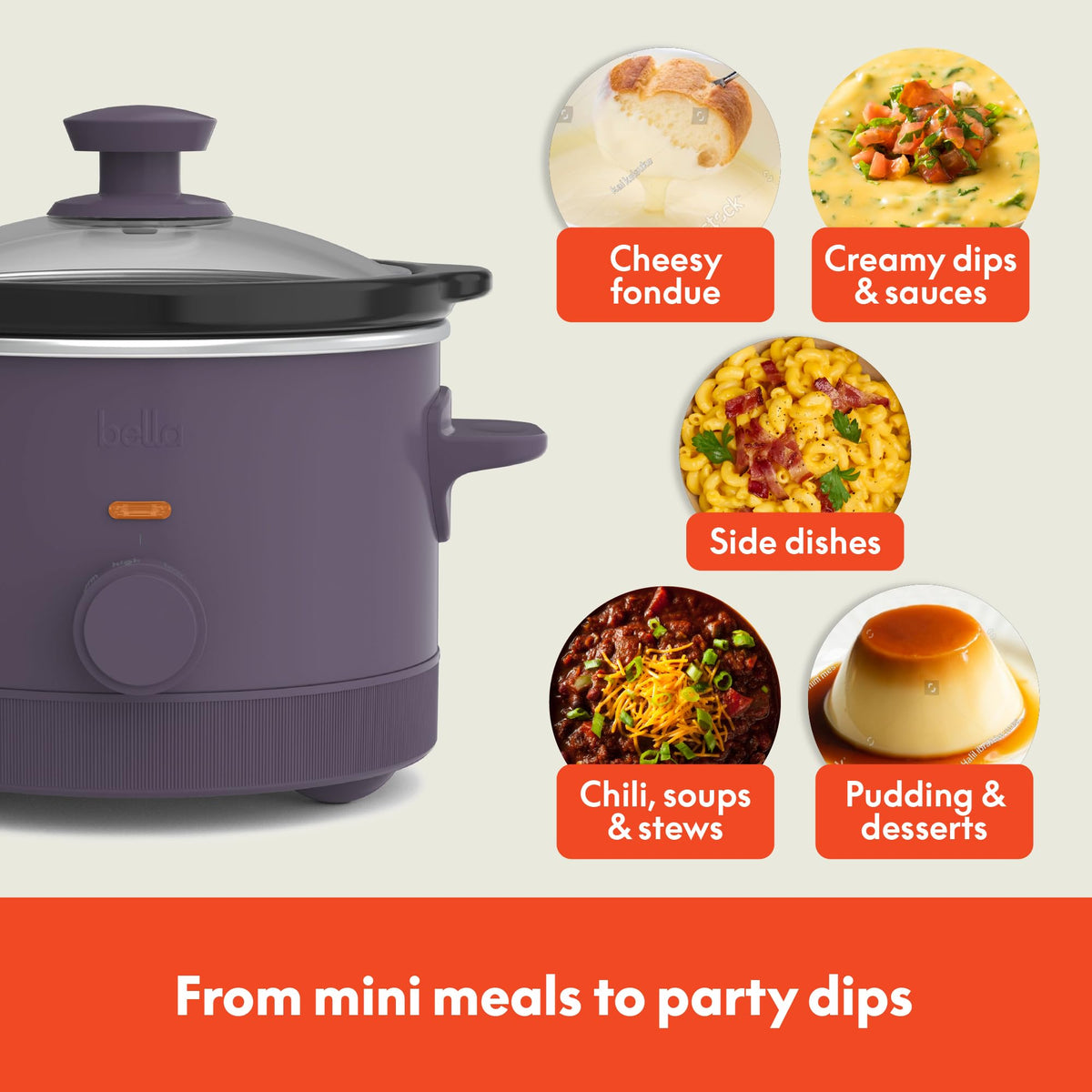 Bella 1.5qt slow cooker three heat settings offering flexible cooking control