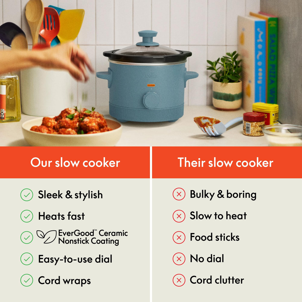 BELLA cool-touch handles provide safe lifting during serving.