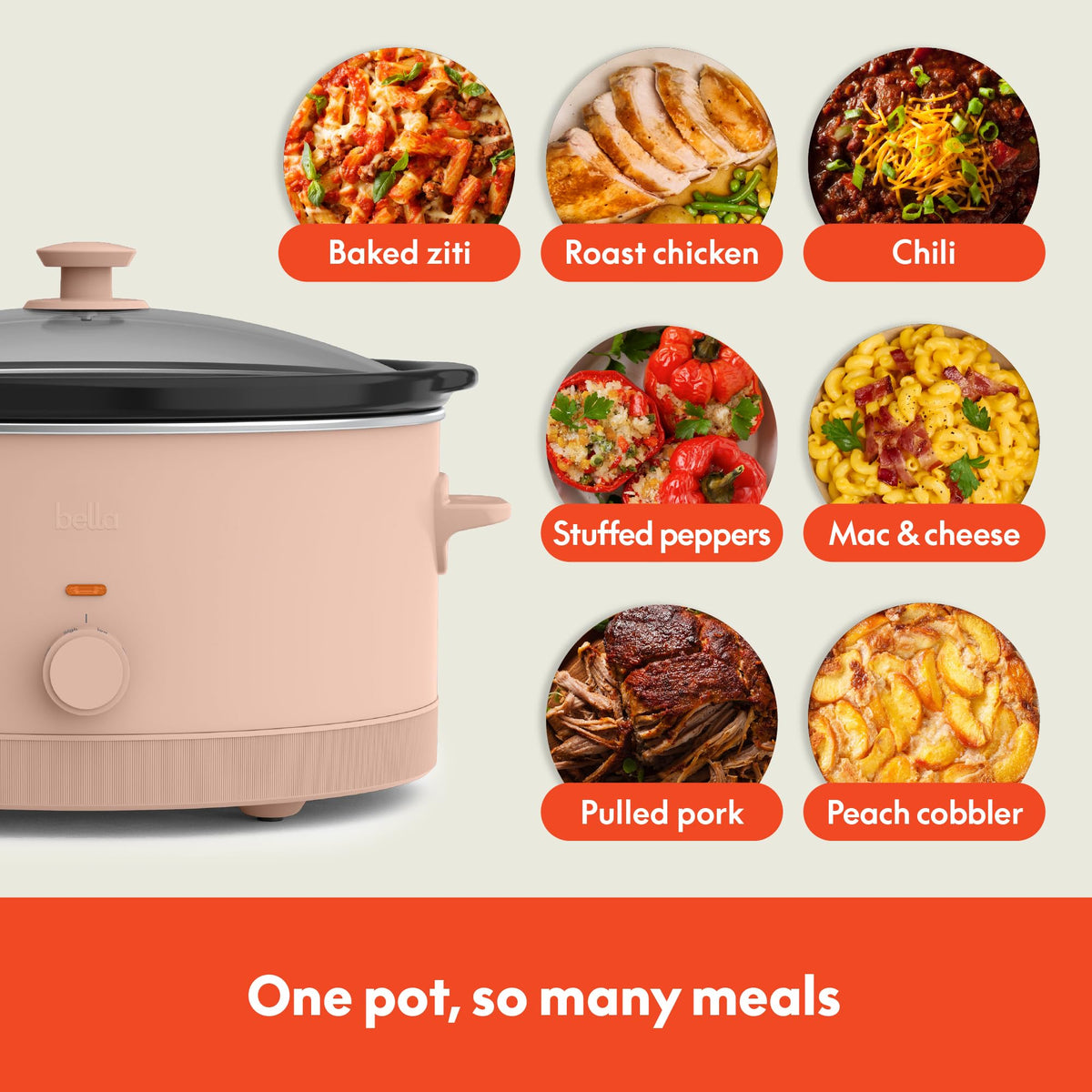 Durable glass lid on Bella slow cooker lets you monitor progress without heat loss.