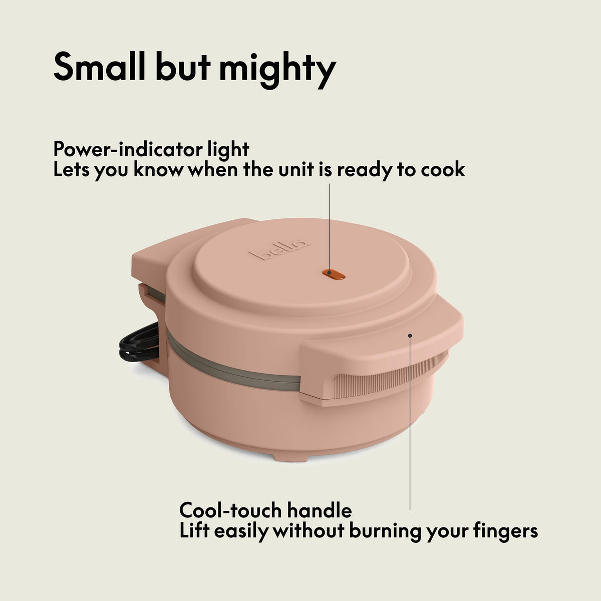 Bella Snack-n-Store Mini Waffle Maker Blossom, side view, cool touch handle for safe cooking.