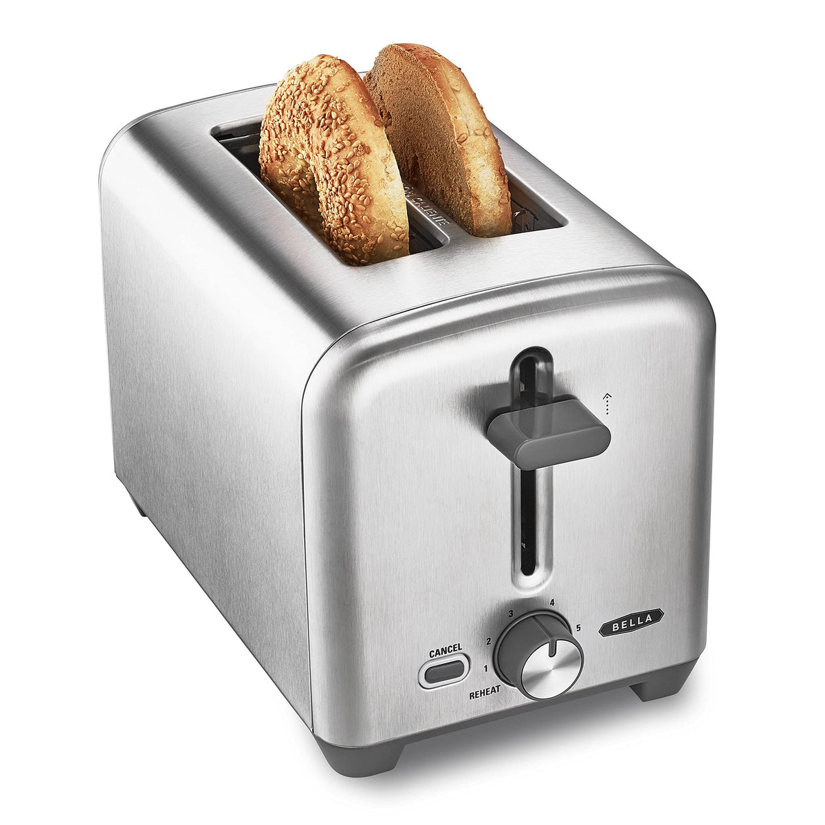 BELLA stainless steel 2-slice toaster front view with extra-wide slots for bagels