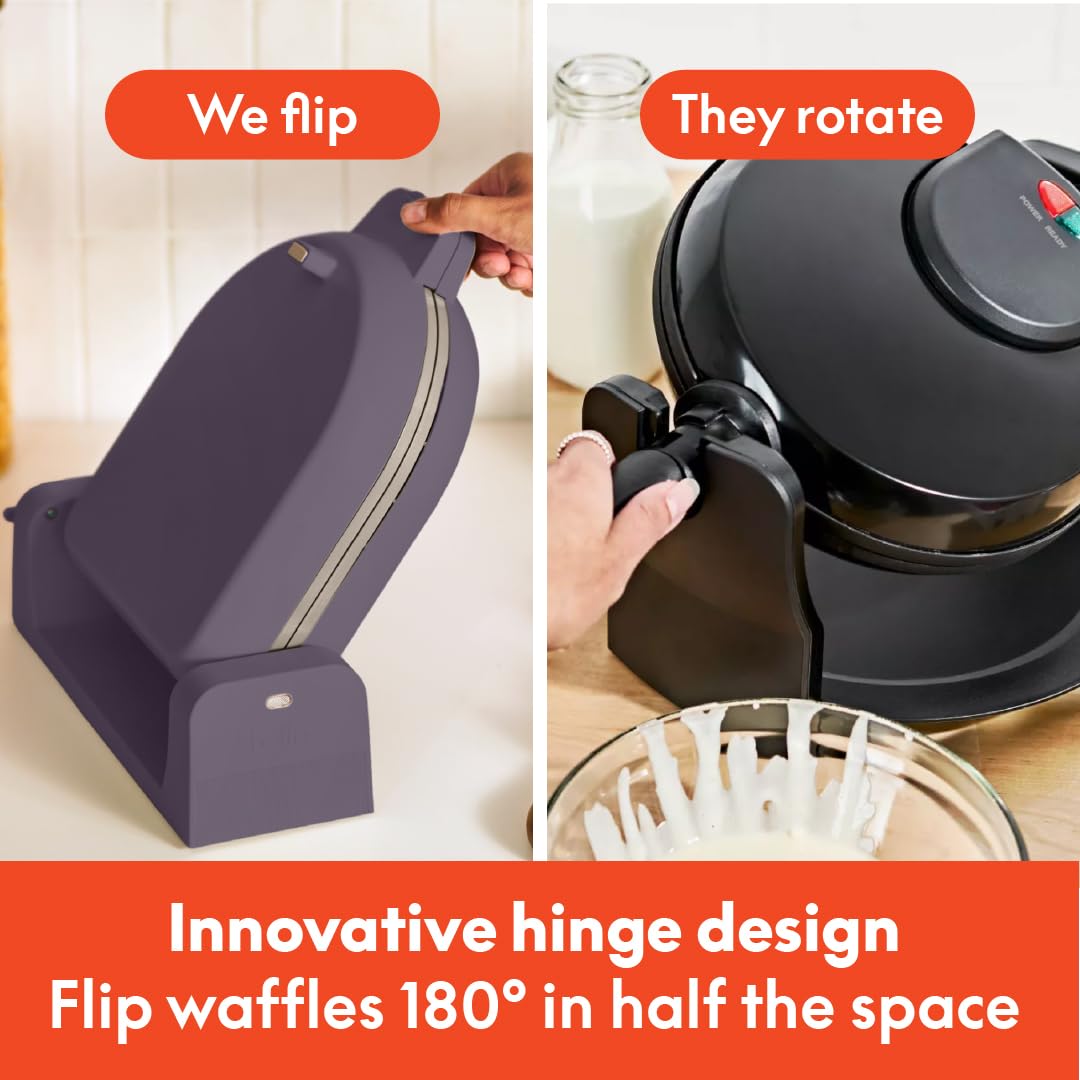 BELLA waffle maker stands upright for compact storage after breakfast.