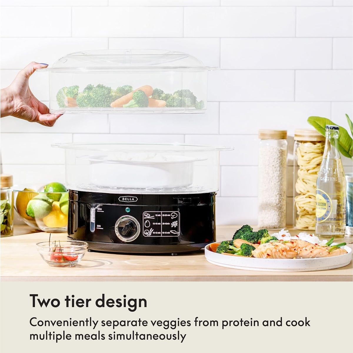 BELLA steamer water level window helps monitor water for safe steaming.