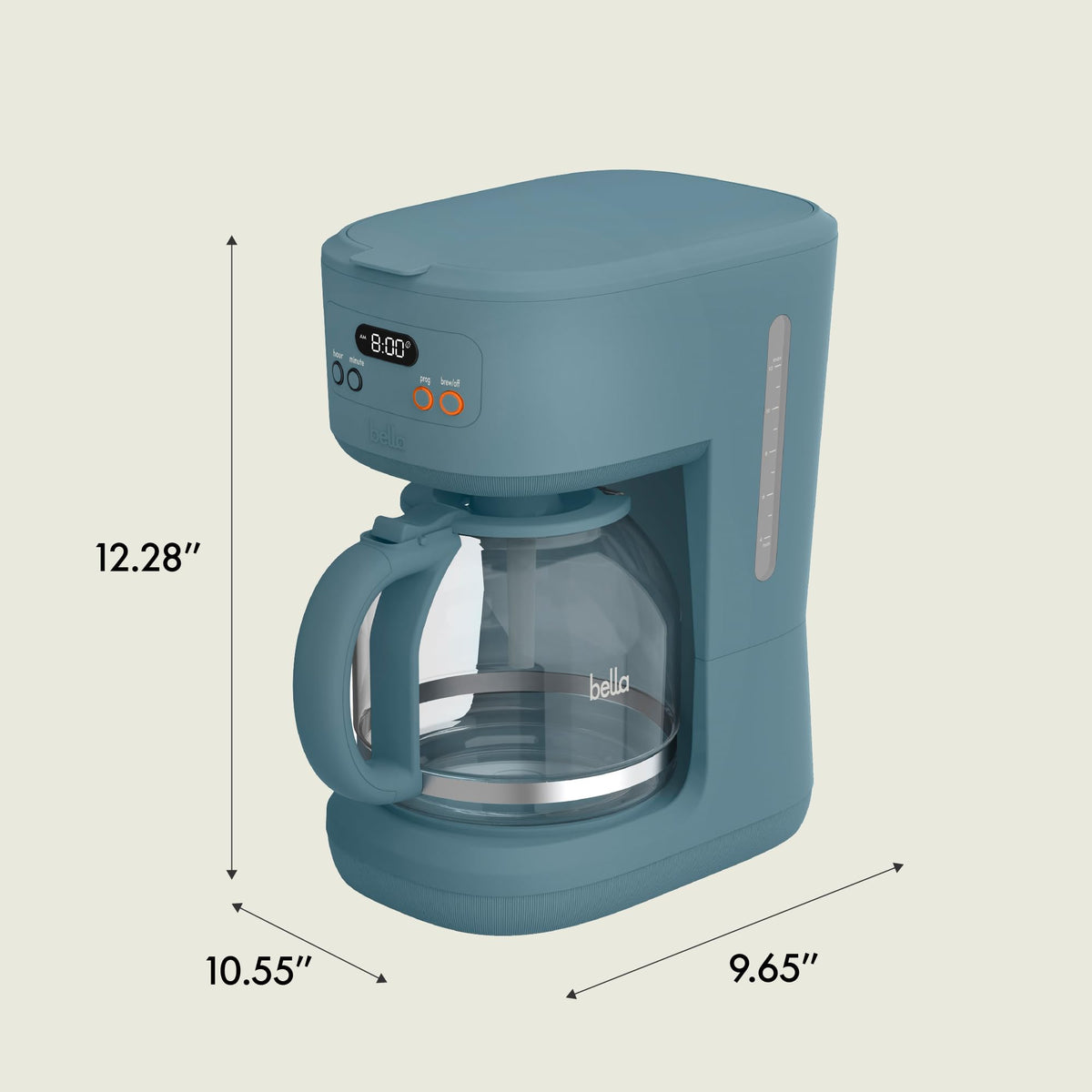 BELLA surf color coffee maker on a kitchen counter ready to brew