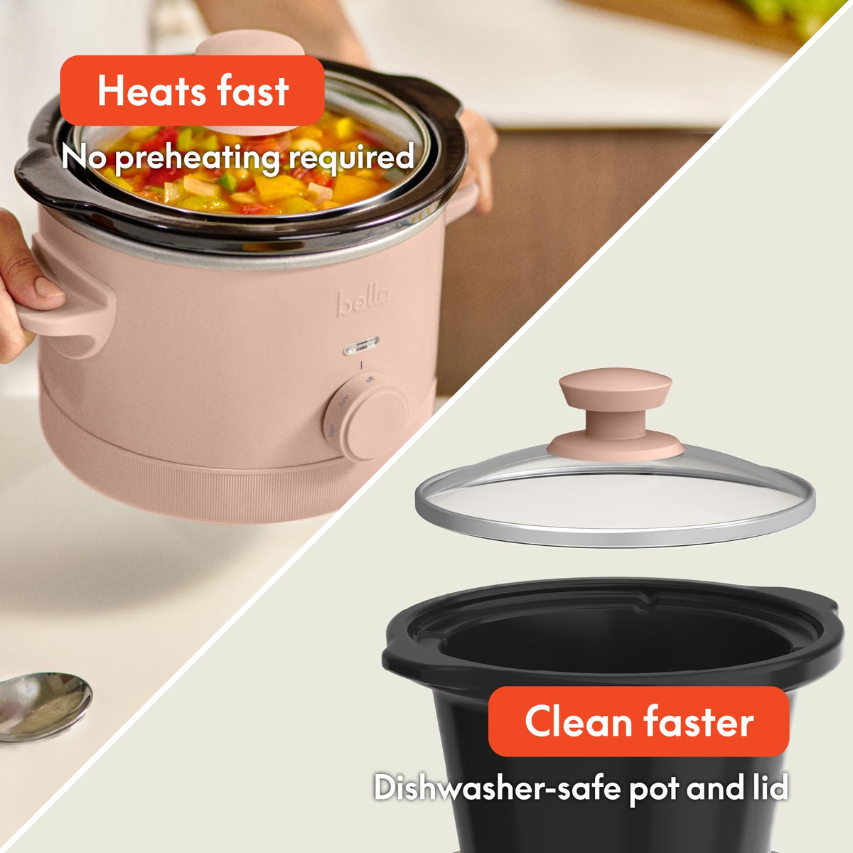 BELLA tempered glass lid provides a clear view for safe simmering.