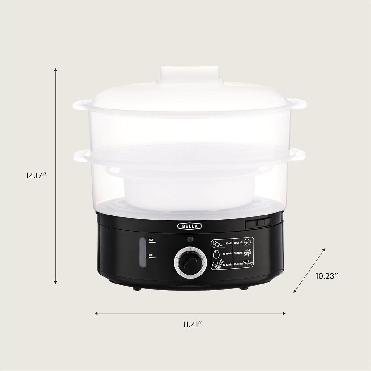 BELLA two-tier steamer cooks fish and dumplings simultaneously for efficient meal prep.