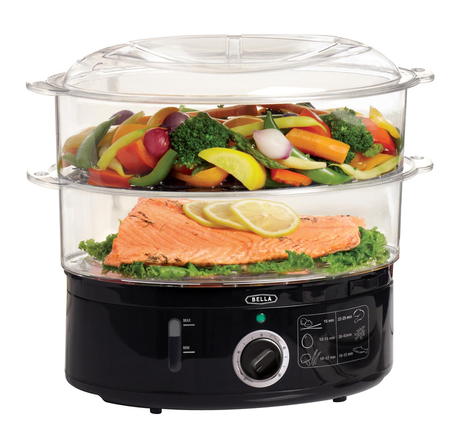 BELLA two-tier steamer featuring vegetables cooking for a quick, healthy meal.