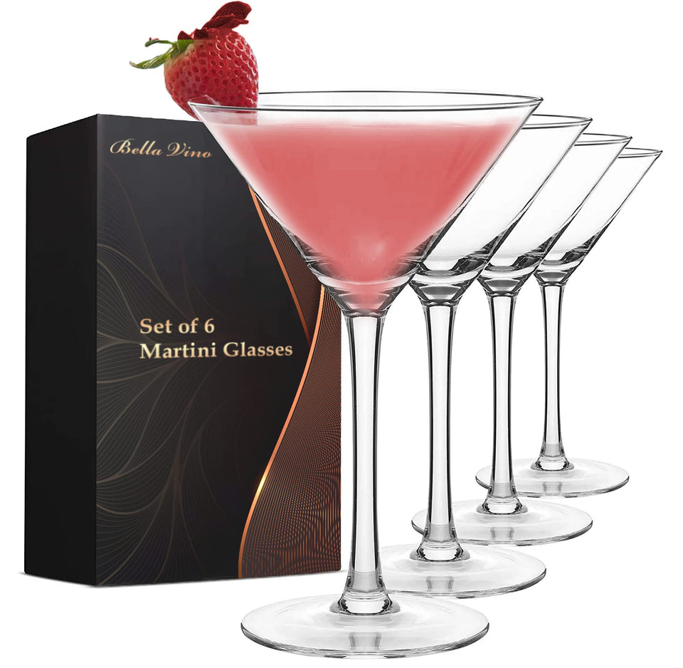 Bella Vino tall-stem martini glasses showcase cocktails with elegant clarity