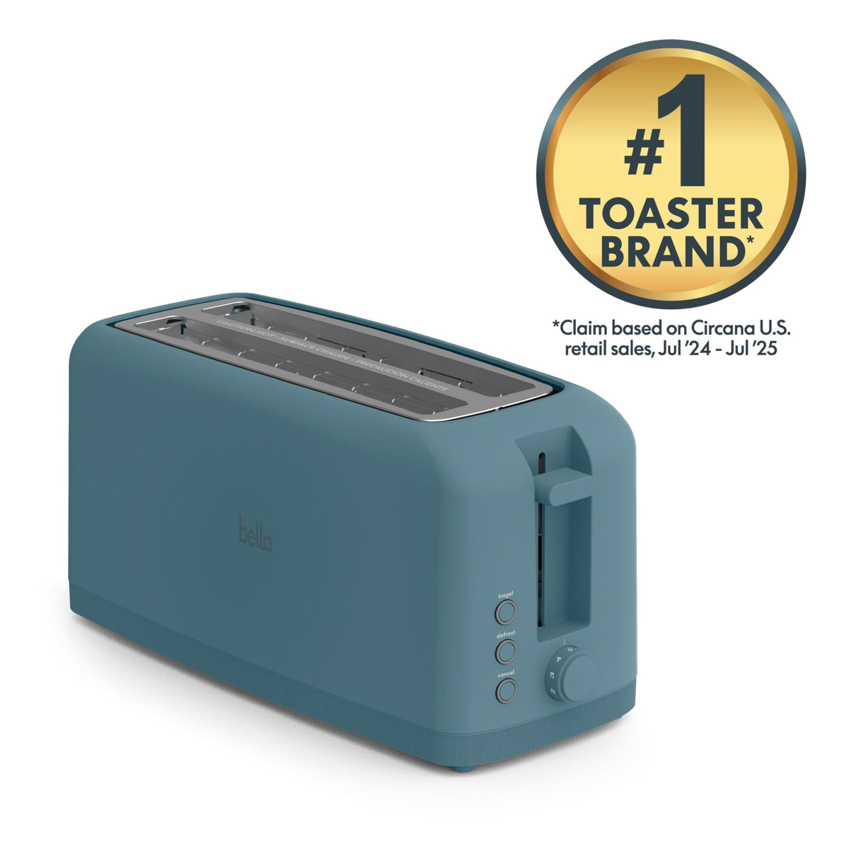 BELLA 4-Slice Slim Toaster with wide slots, accommodates two slices side by side.