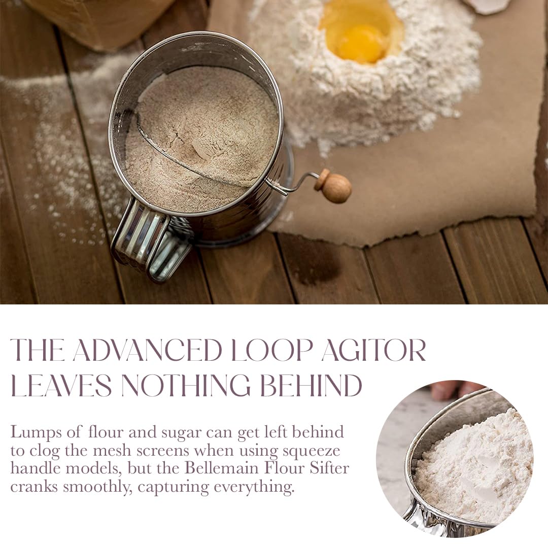 Ergonomic crank handle on Bellemain sifter for comfortable use.