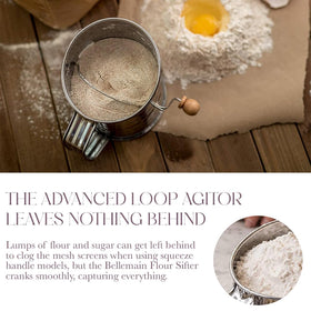 Ergonomic crank handle on Bellemain sifter for comfortable use.