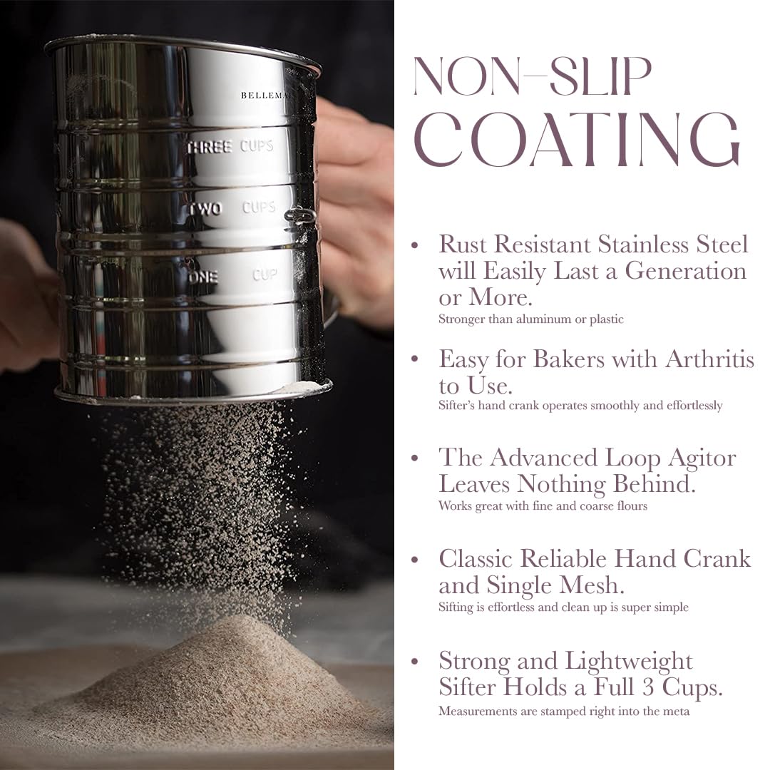 Stainless steel body of Bellemain sifter shows durable construction.
