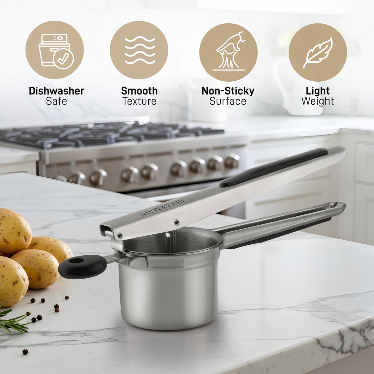 Bellemain ricer with three discs for versatile textures from smooth to chunky.