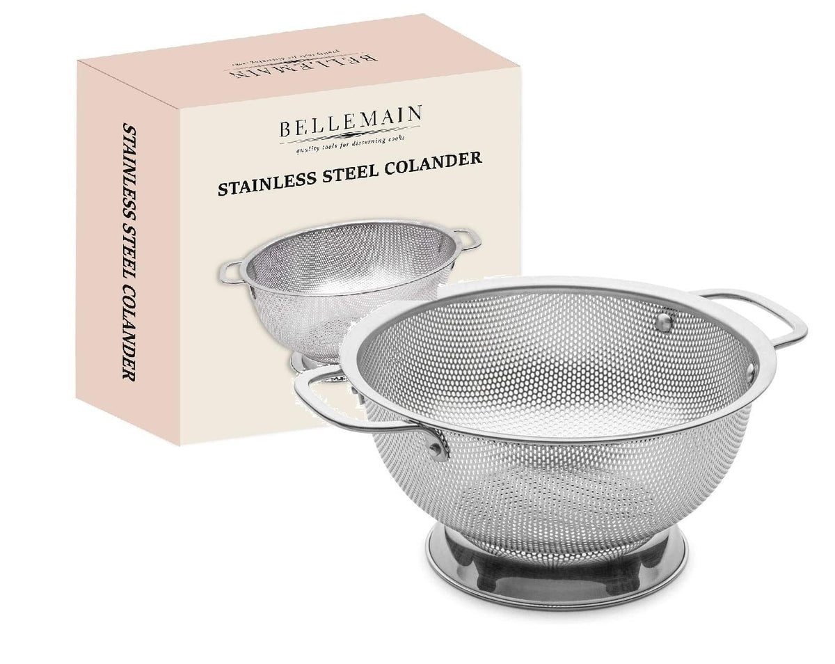 Bellemain 3 Qt metal colander with handle drains pasta quickly.