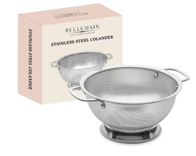 Bellemain 3 Qt metal colander with handle drains pasta quickly.