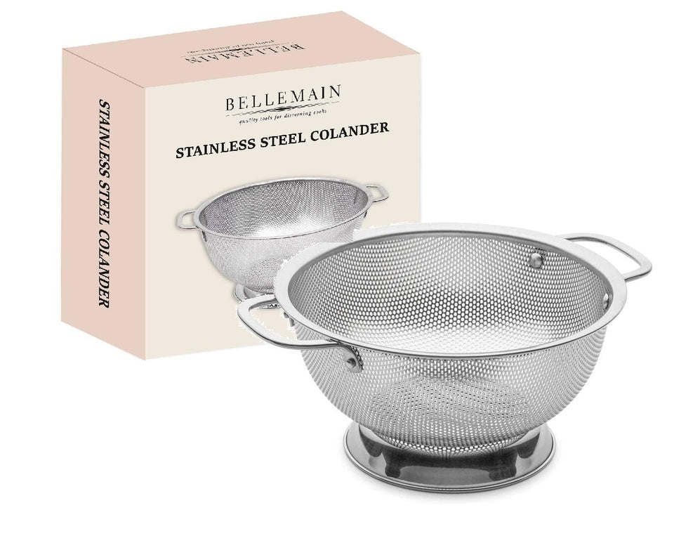 Bellemain 3 Qt metal colander with handle drains pasta quickly.