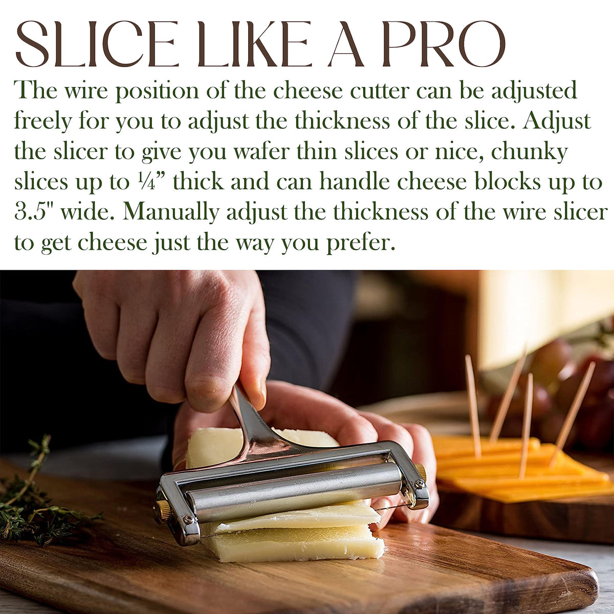 Versatile Bellemain slicer pictured with an antipasti tray and cheeses.